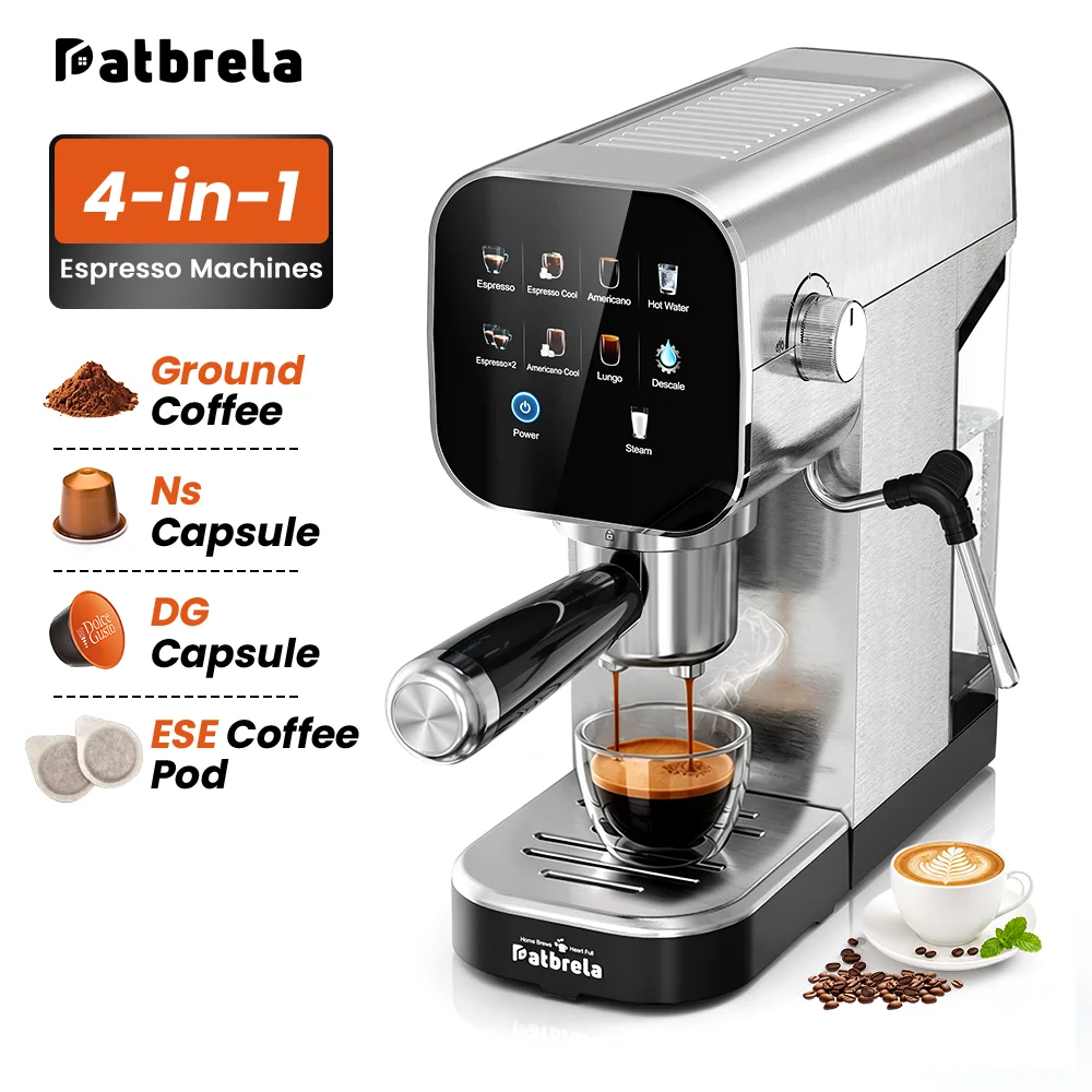 Machine à café expresso semi-automatique Patbrela 20 bars, système d'eau double, machine à café froid véritable avec porte-filtre 4-en-1, machine à