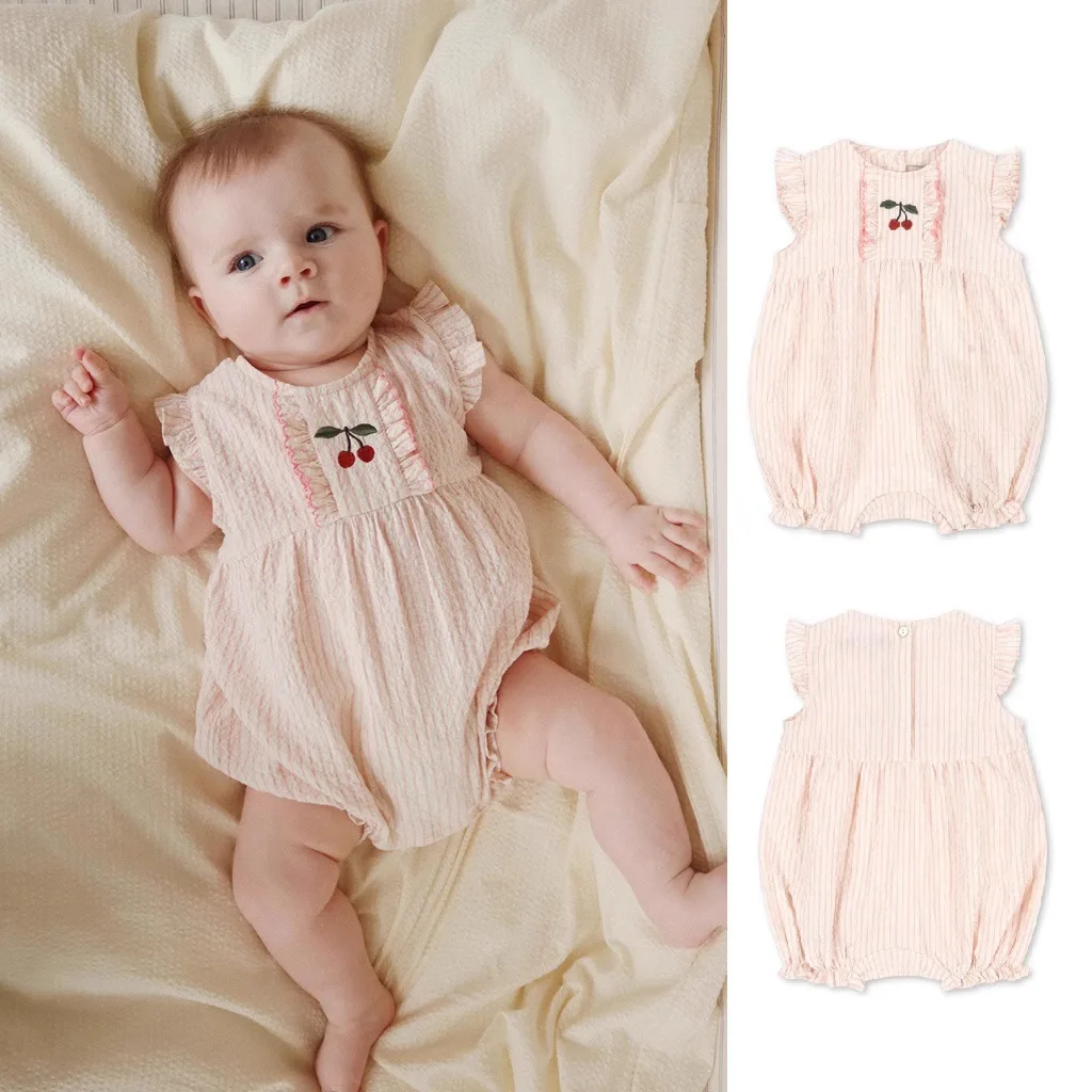 

2025 Scandinavian-Style Sweet Cherry Print Girls' Romper – Spring/Summer Casual Outfit for Baby Girls"‌