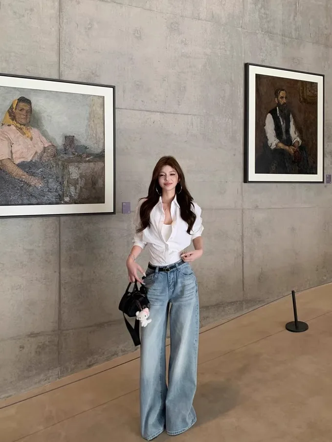 

Джинсы с высокой талией и широкими штанинами в стиле ретро, с дизайном «фальш-двойка», цельные, с эффектом утягивания талии, свободные, прямого кроя, из денима