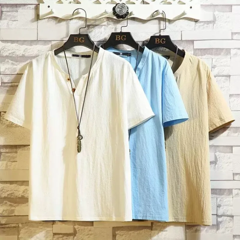 Men's Summer Two-piece Set Short Sleeve Short Shorts Large Size V-neck Linen Simple Loose Casual Comfortable Harajuku Versatile