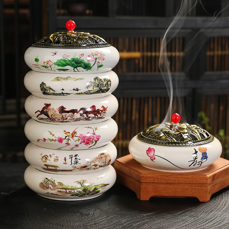 FY 12 Hours Coil Incense Burner Ceramic Applique Large Insence Holder Moxibustion Seal Cutting Mosquito Repellent Incense Base