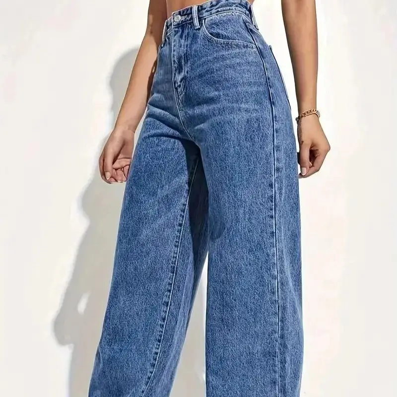 Modne retro niebieskie jeansy damskie y2k, luźne spodnie proste w stylu high street, spodnie wyszczuplające z wysokim stanem. — zdjęcie 2