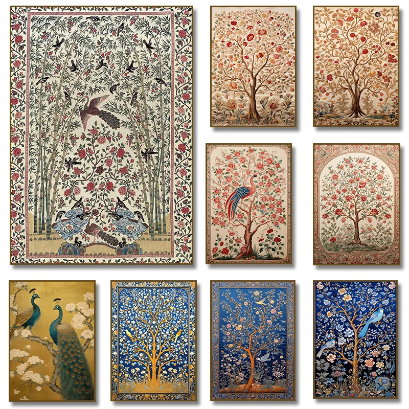 Home Textiles Room Spray - Antieke Indiase Textielvogels Bloemen Pauw Poster