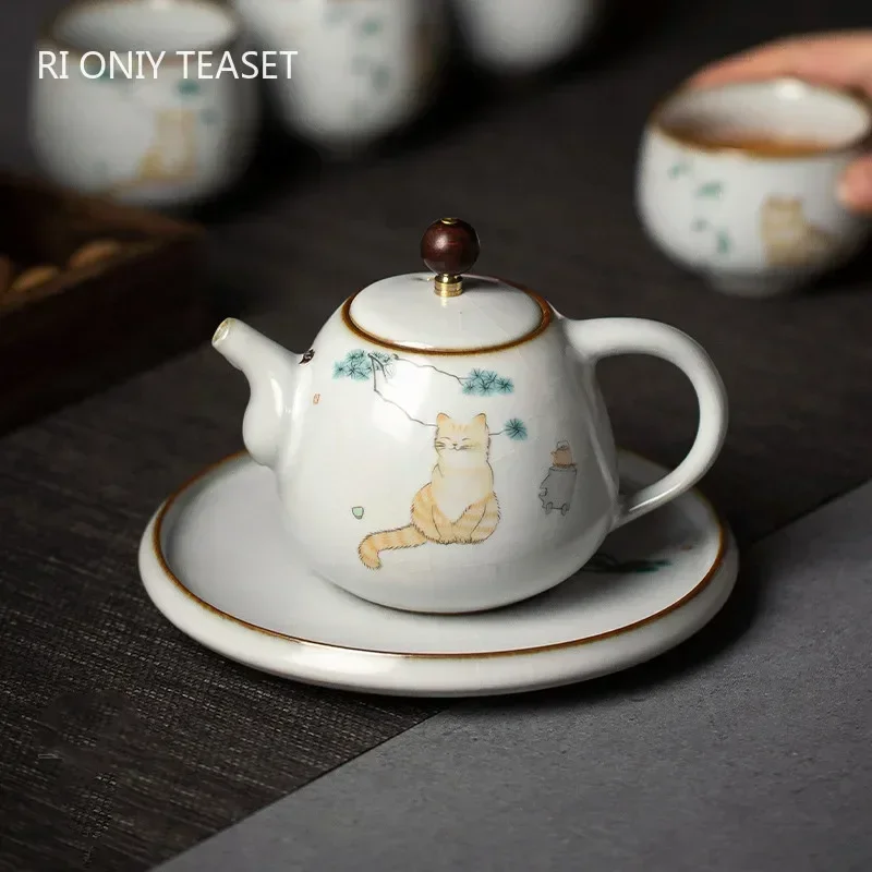 280ml Traditional Ru Kiln Ceramic Teapots Handmade Cute Cat Pattern Kettle Travel Portable Filter Tea Pot Home Tea Set Drinkware