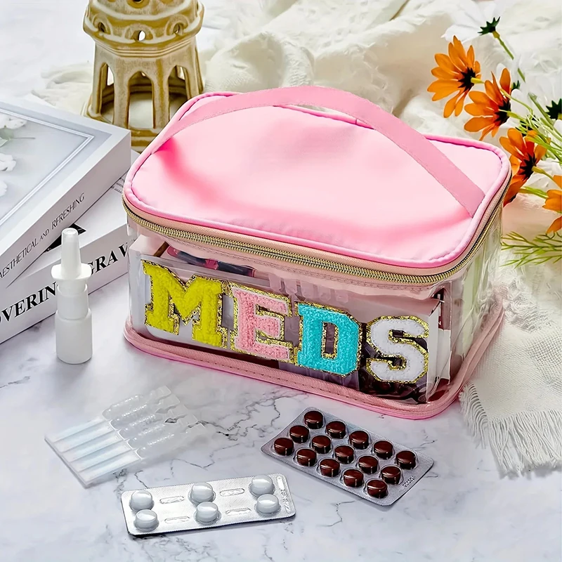 

1pcs Letter Patch Transparent Waterproof Travel Bag Medicine Storage Bag Toiletries Storage Bag Suitable For Patients And Nurses