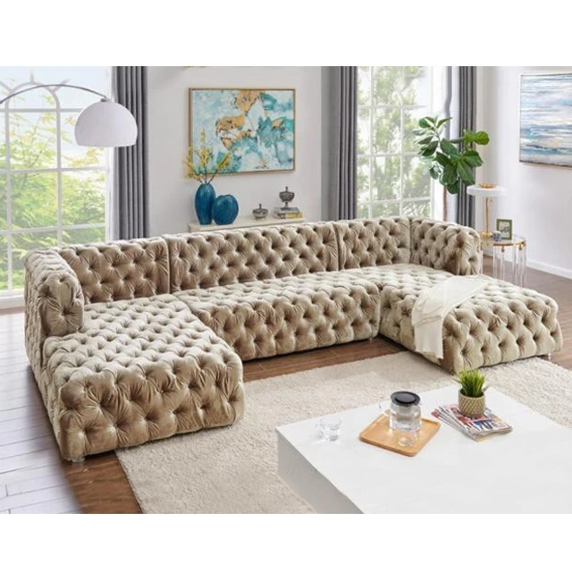 Luxury Velvet Technology Fabric Button Sofa Combination Villa Apartment Living Room L-shaped Princess Corner Sofa