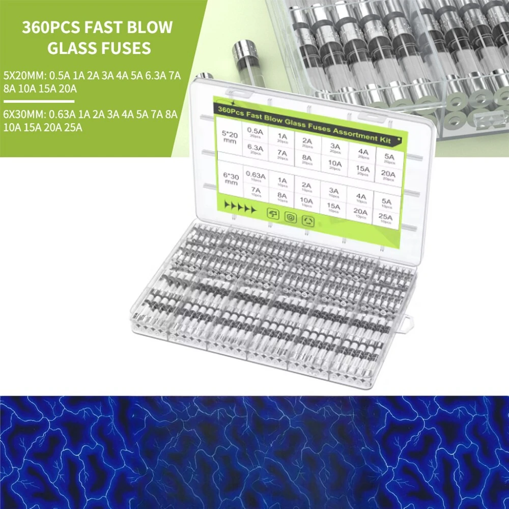 360pcs Glass Fuses Kit 24 Values 250V 0.5A-25A 5x20mm 6x30mm Car Automotive Replacement Glass Fuses