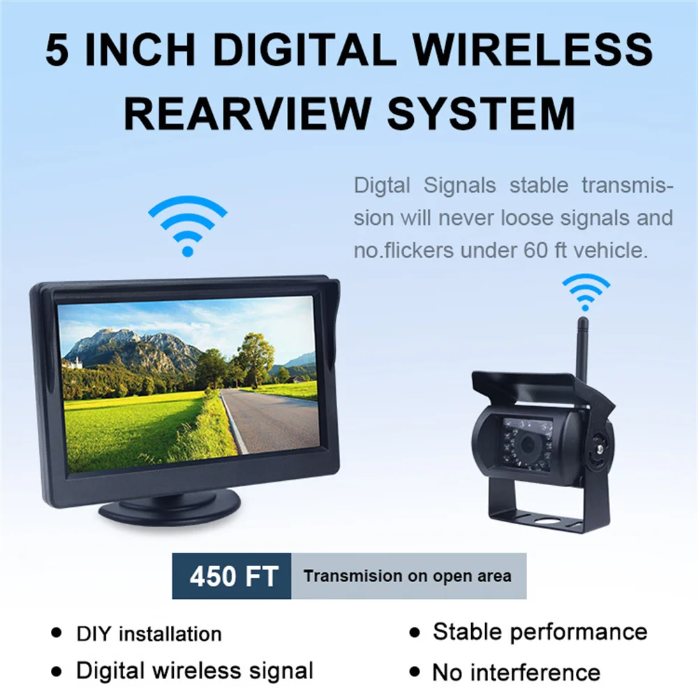 

5 Inch Monitor Wireless Rear View Backup Camera 12V-24V IR Backup Camera with 5" Monitor System for Trailer Pickup Truck Camper