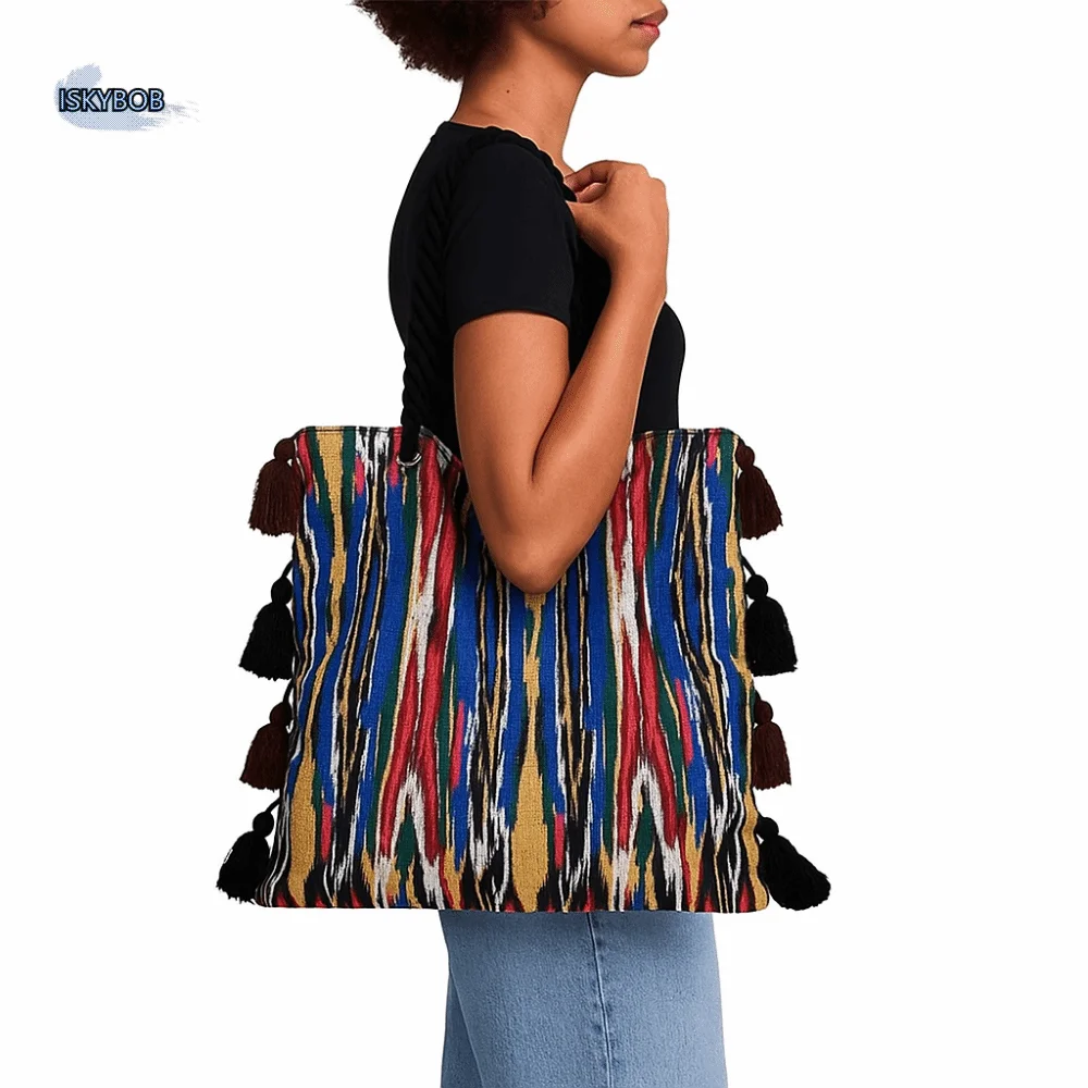 

Large Capacity Tassel Tote Bag Cloth Fringe Ethnic Style Shoulder Bag Geometric Pattern Drawstring Bohemian Handbag Girls