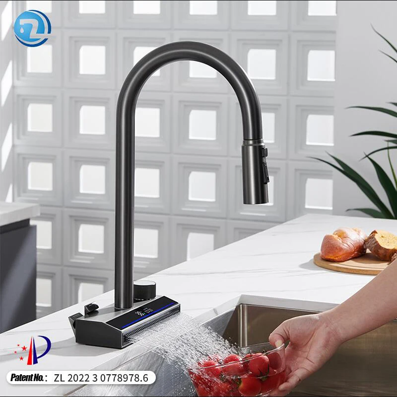 Flying Rain Waterfall Kitchen Pull Faucet, Full Copper, Piano Key Stage, Pia de único furo, quente e frio, Novo