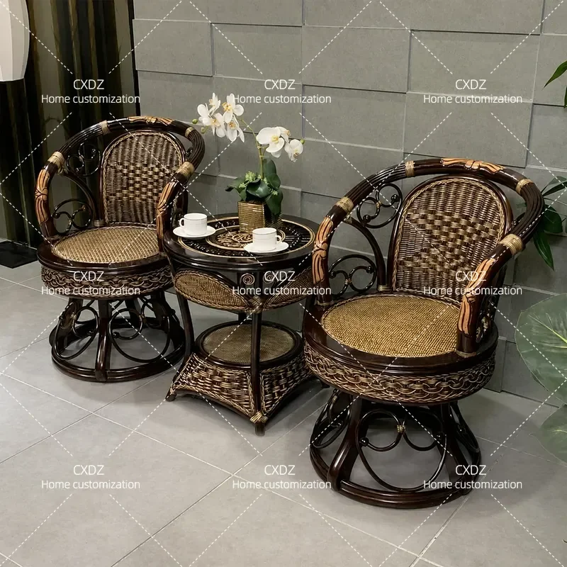 3 Piece Real Rattan Chair Set with Rotating Single Backrest Casual Woven Tea Table and Stool Combo for Home Balcony Sunroom