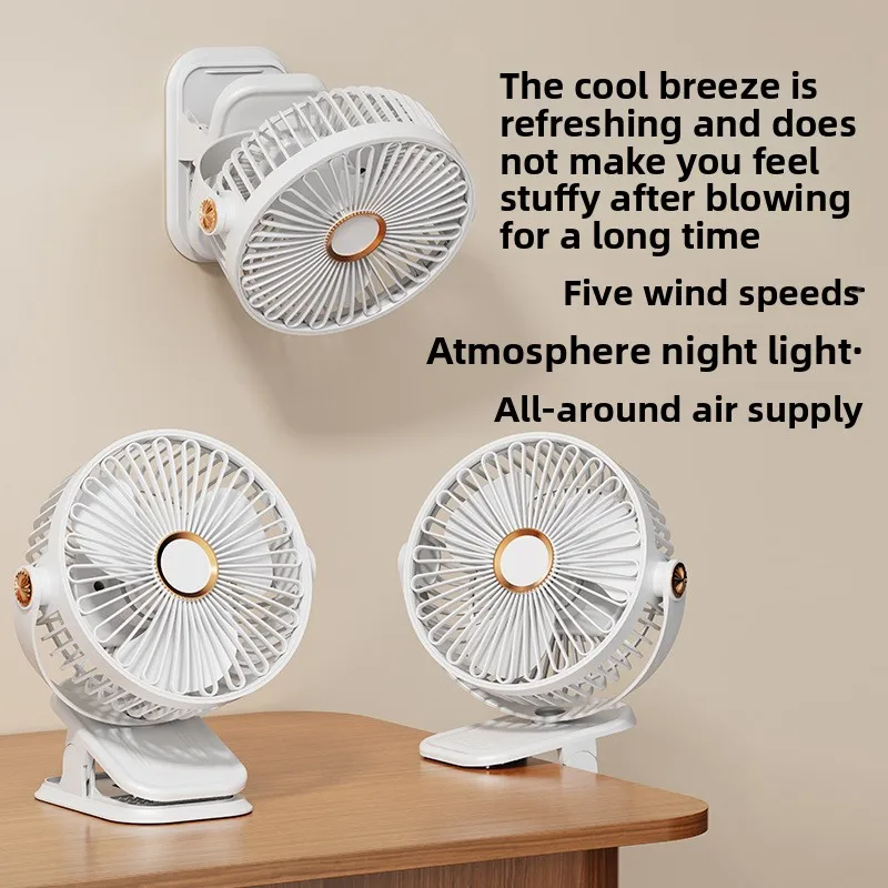 6 Inch Clip On Fan Rechargeable Personal Fan with LED Light 5 Speeds 720° Adjustable for Home Outdoor