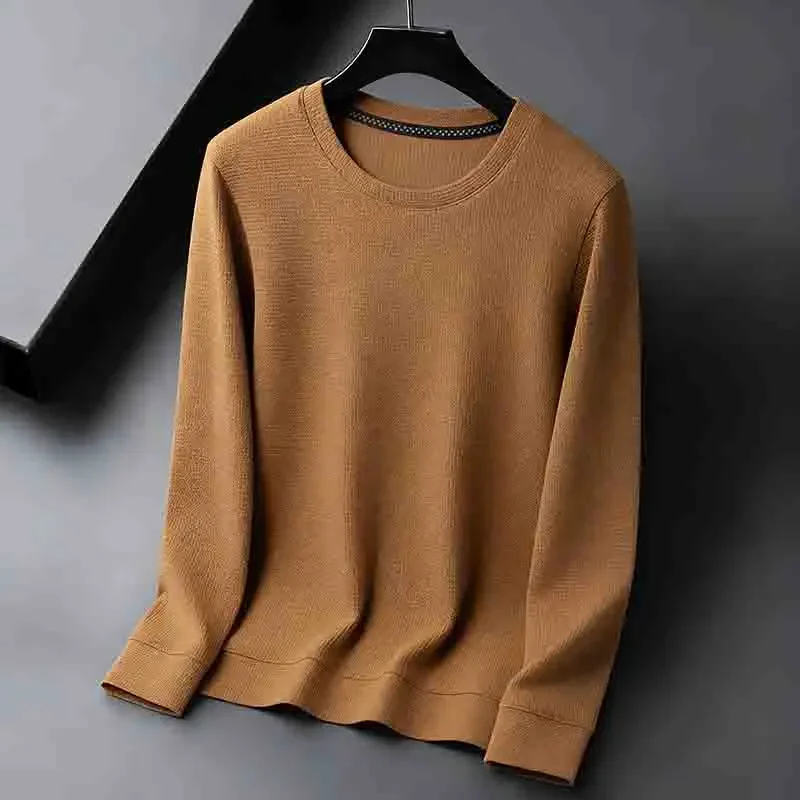 Men's Wrinkle-resistant Camel Waffle Knit Crew Neck Long Sleeve Top Easy Care Business Casual Pullover for Work