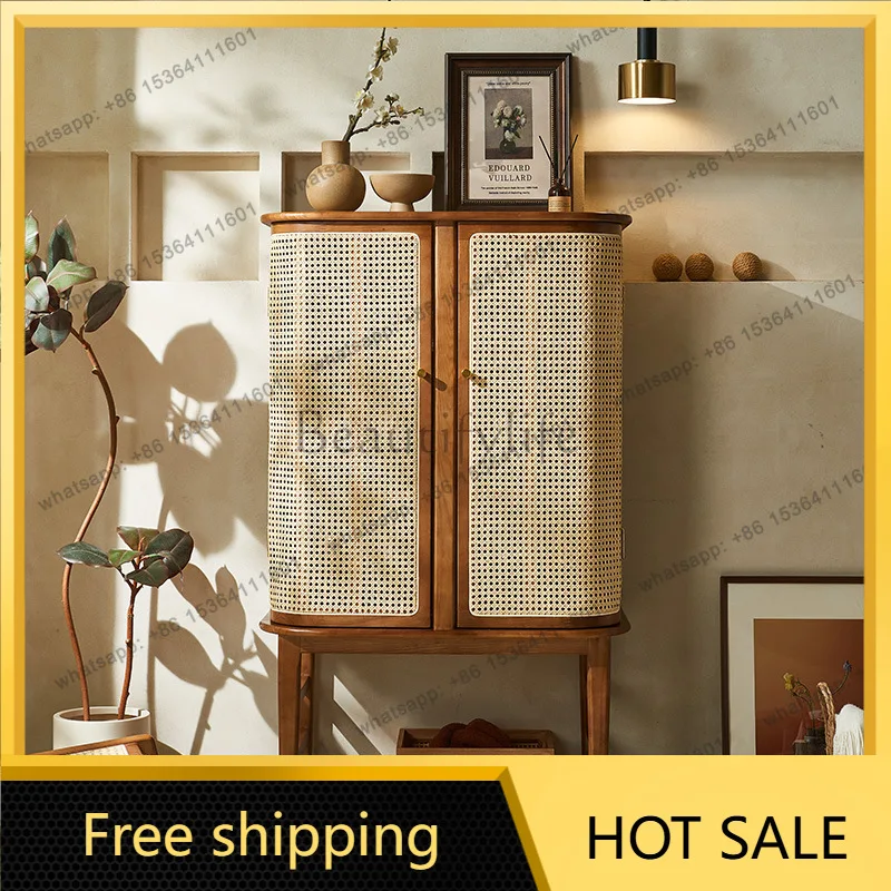 FG wabi-sabi Japanese rattan solid wood dining side cabinet log wind storage side cabinet