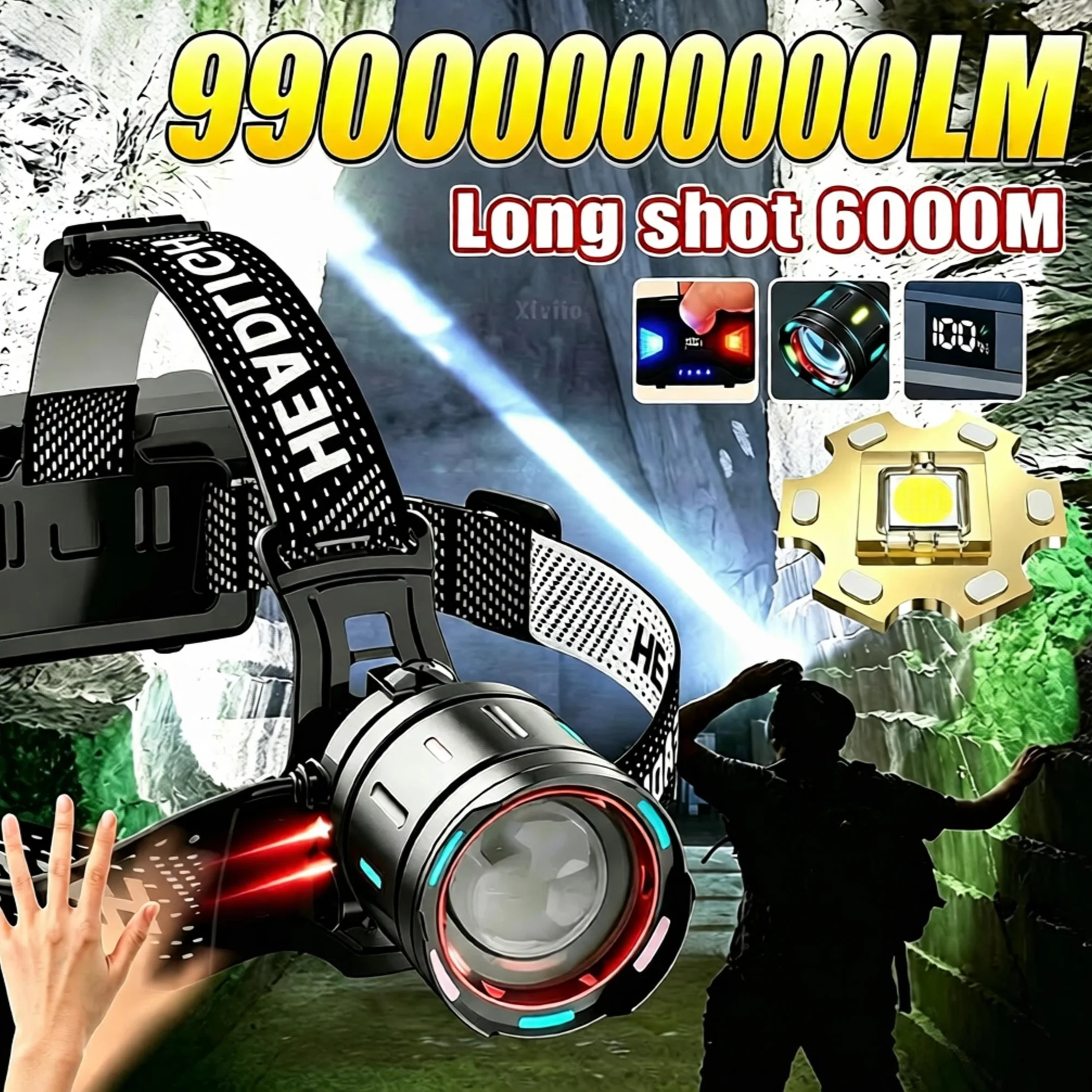 99000000000LM High Power 800W LED Headlamp Super Bright Head Light Zoomable Intelligent Sensing Lamp Type-C Rechargeable Hunting