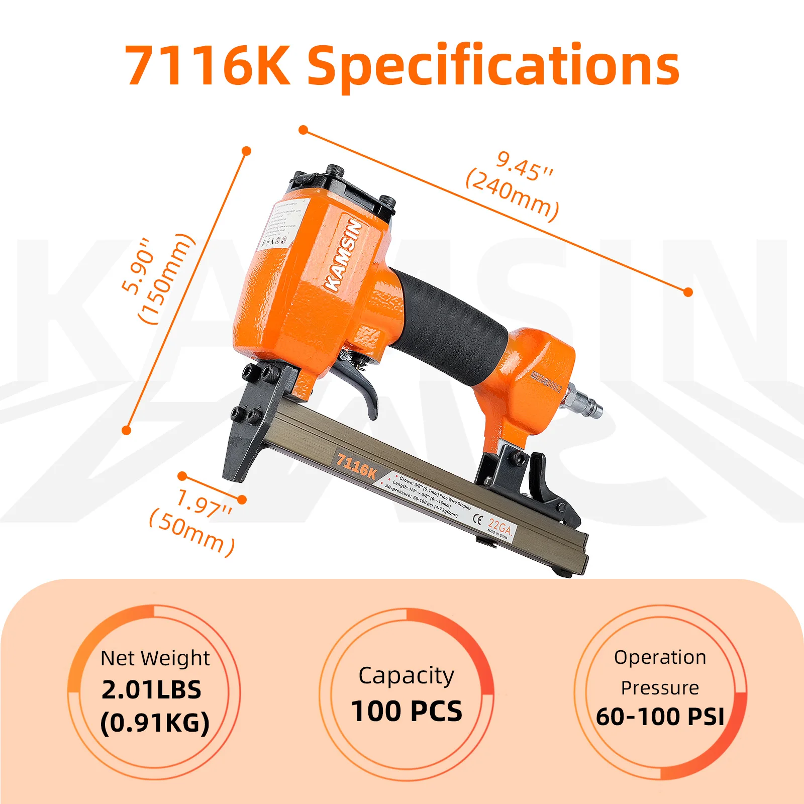 Imagem -02 - Kamsin Pneumática Estofos Grampeador Gun Faça Você Mesmo Construção Móveis 7116k 22gauge