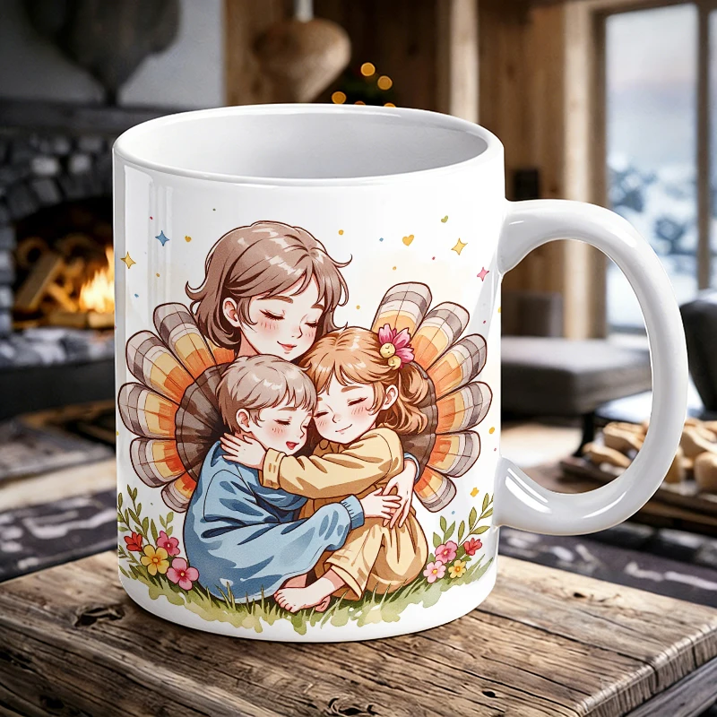 

11 oz family hug handle ceramic mug, full print pattern coffee mug, insulated milk cup, office water cup, fade-resistant