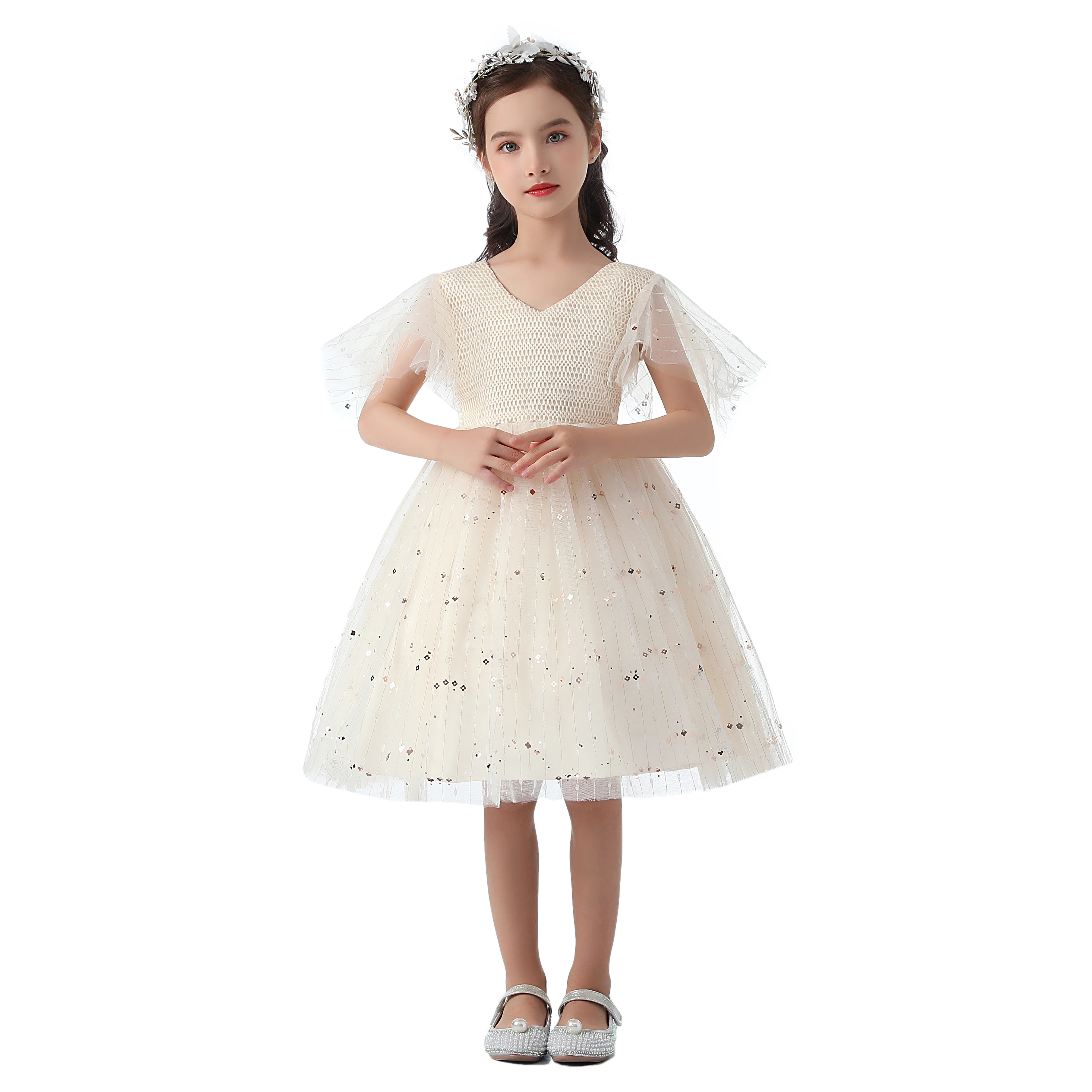 Modische Blumenmädchenkleider für den Sommer, Paillettenkleider für Mädchen, ärmellose Tüll-Partykleider für Kinder im Alter von 2-10 Jahren