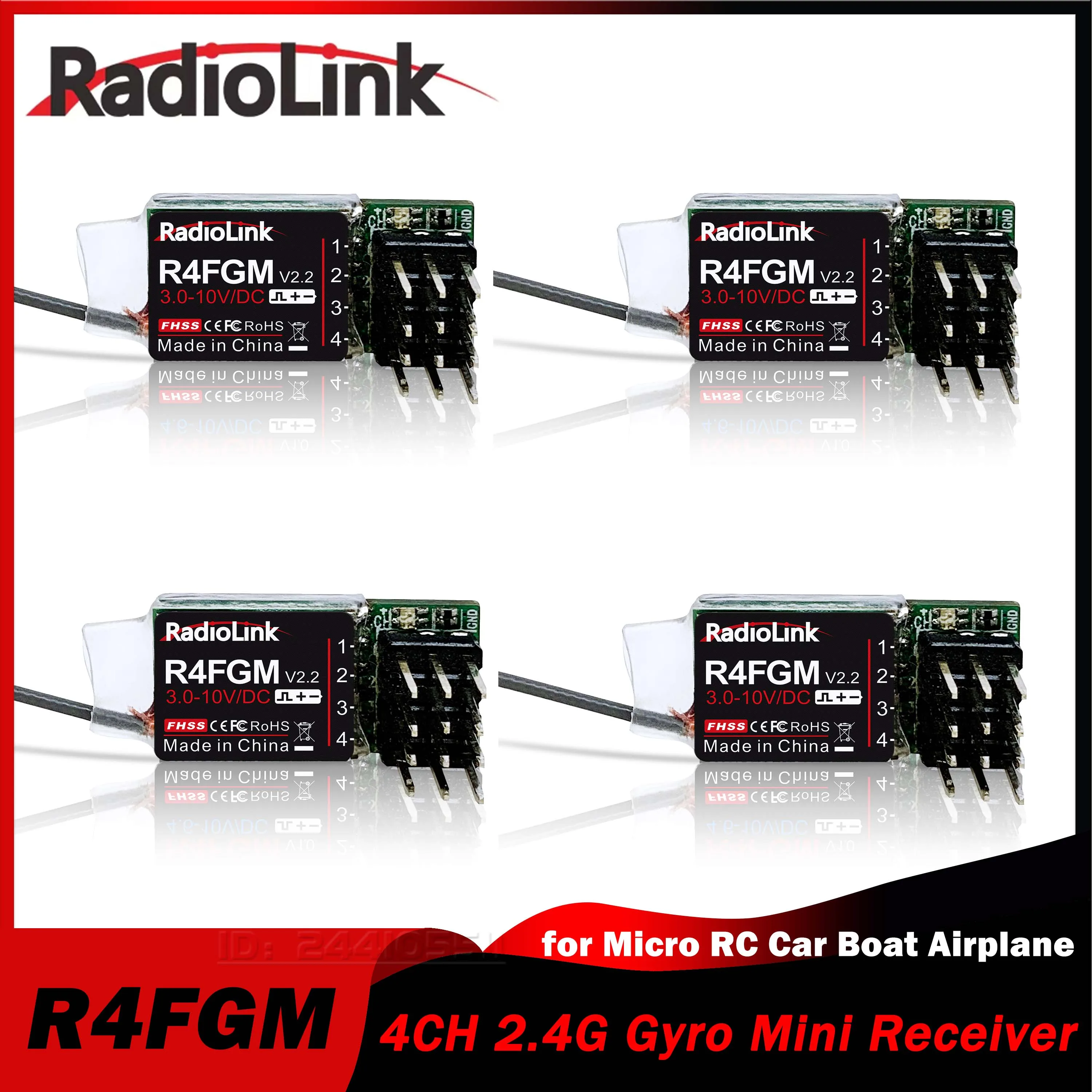 Radiolink R4FGM V2.2 4CH Gyro 2.4G Mini Receiver for Micro RC Cars Boat Toy Airplane RC4GS/RC6GS//RC4G/T8FB/T8S/RC8X Transmitter