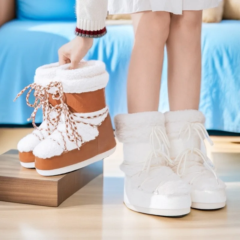 Women Snow Boots Thicken Plush Warm Mid-calf Cotton Shoes Outdoor Non Slip Platform Boots Fluffy Fur Warm Winter Boots for Women