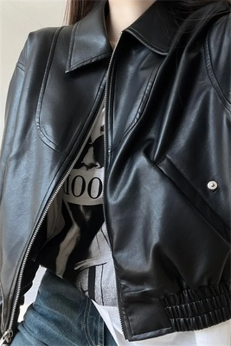 Spice Girl Senior Black Motorcycle Leather Coat Female 2023 Spring Summer New Vintage Casual All-match Leather Jacket Short Top