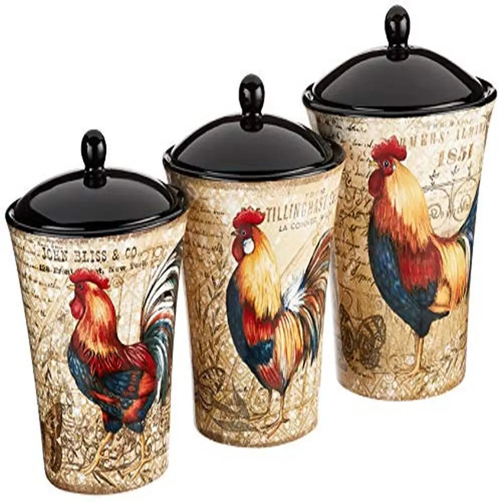 Rooster Kitchen Canister Set Hand Painted Ceramic 3pc Multicolor Lead Free 23656