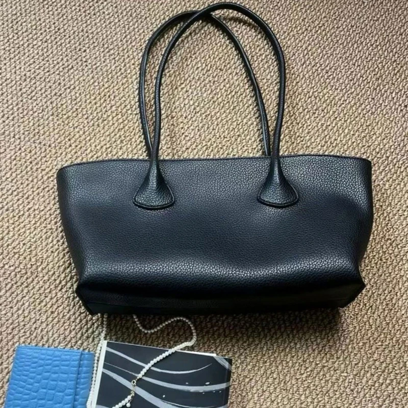 Fashion Minimalist Black Tote Bag Luxury Lychee Texture Leather Shoulder Bag Zippered Women's Large Commuting Briefcase