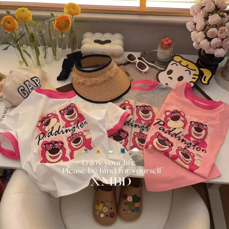 

Strawberry Bear Cartoon New Printed Short Sleeved T-shirt For Boys And Girls Summer Loose And Versatile Round Neck Top
