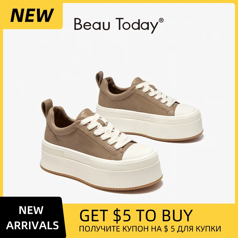 BEAUTODAY Casual Sneakers Women Genuine Cow Leather Platform Solid Color Round Toe Lace-up Basket Female Traniers Handmade 29769