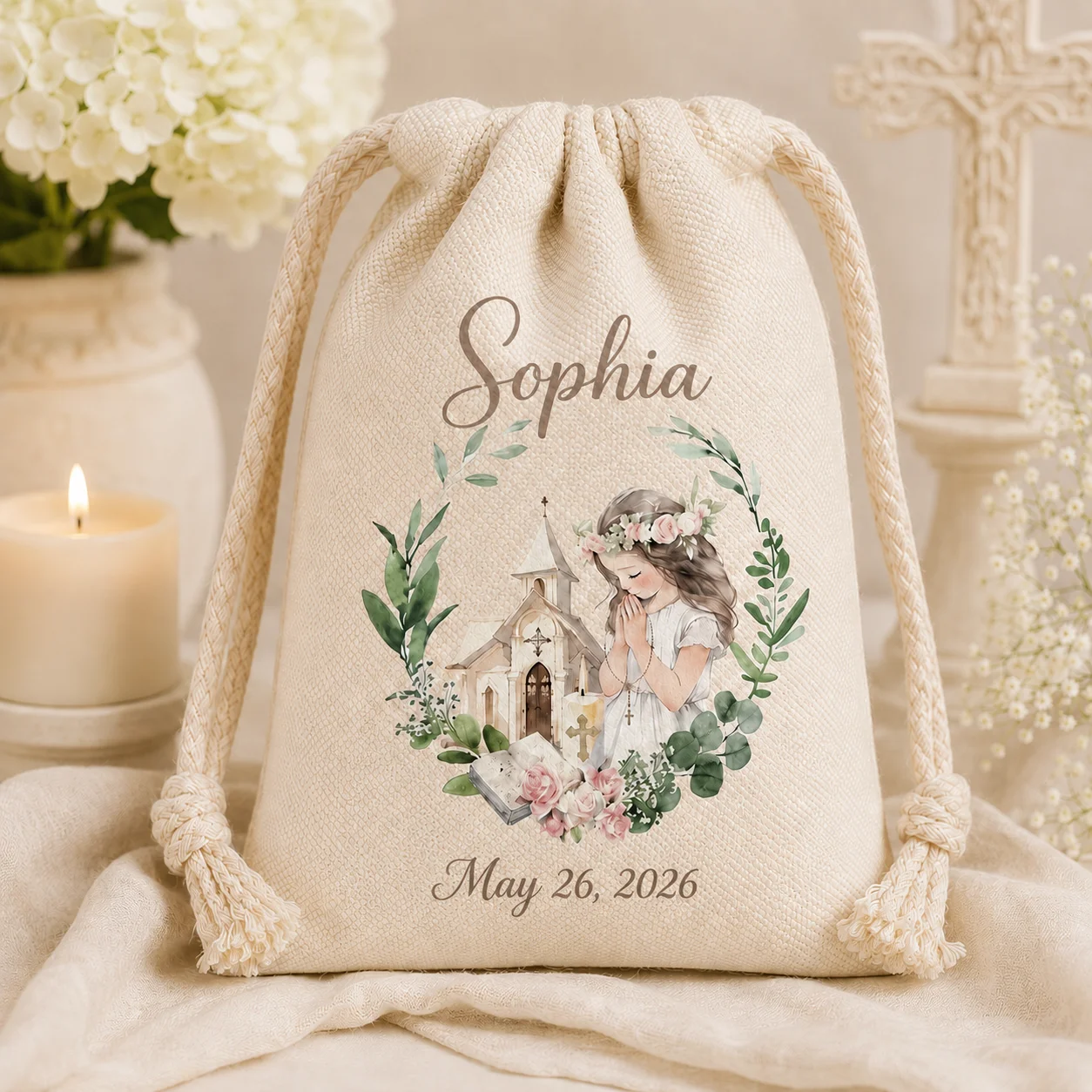 Floral Wreath Bible Prayer Gift Bag for Boys and Girls, Decoration for First Communion/Baptism/ Confirmation, Guest Family Thank You and Welcome Gift