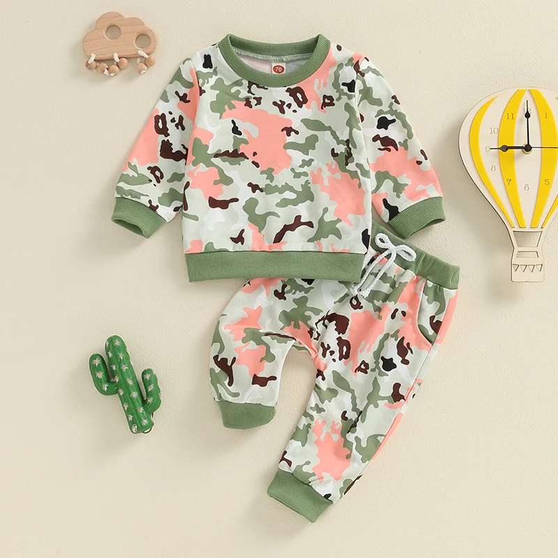 

2024-05-11 Lioraitiin Baby Boy Fall Clothes Camouflage Print Long Sleeve Sweatshirt and Elastic Pants 2 Piece Track Suit Outfits