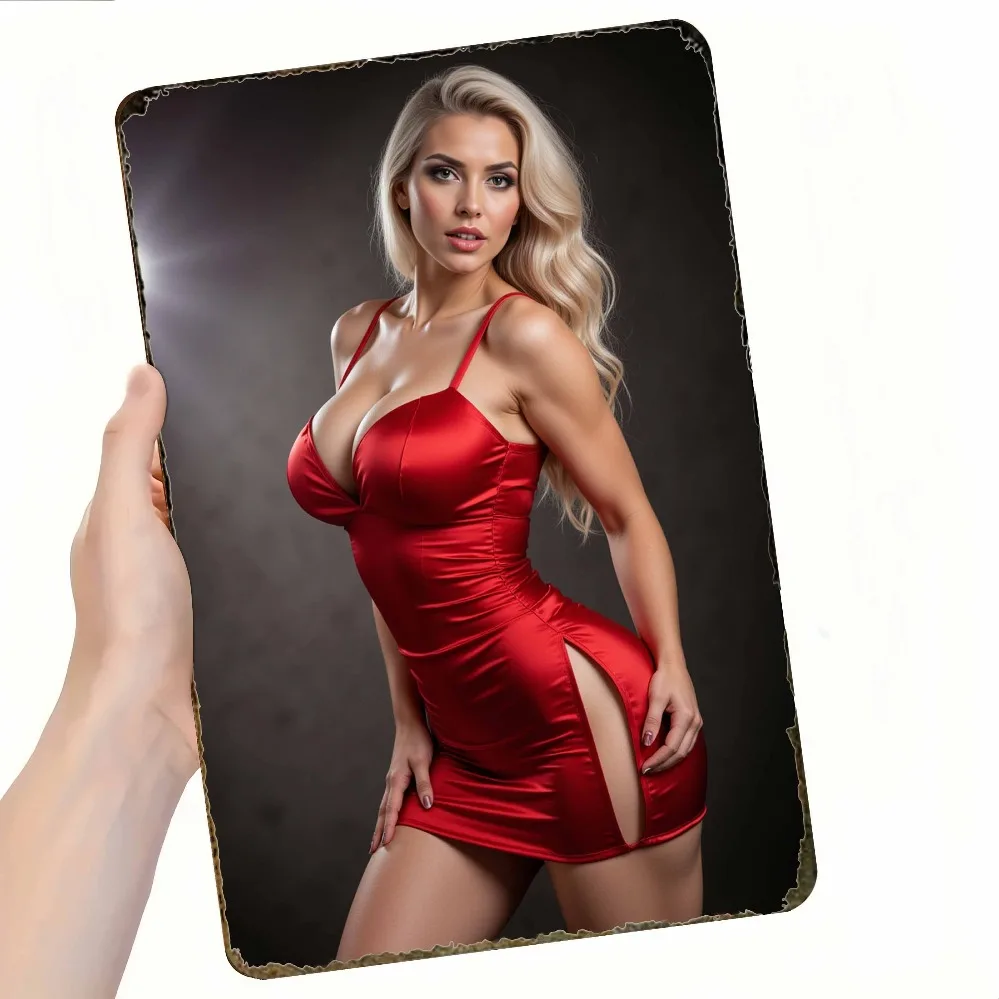 RetroMetal Red Satin Dress Wall Art, Elegant Mini Dress Painting, Easy Hang Bedroom Bar Decor