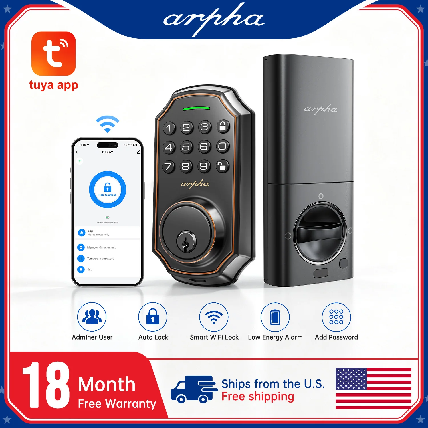 1/2/4PCS Arpha Smart Door Lock Keyless Entry Keypad Electronic Deadbolt WiFi Door Lock with Tuya App Control Auto Lock One-Time Password Anti-Peeping Passcode Battery Powered for Home Front Door