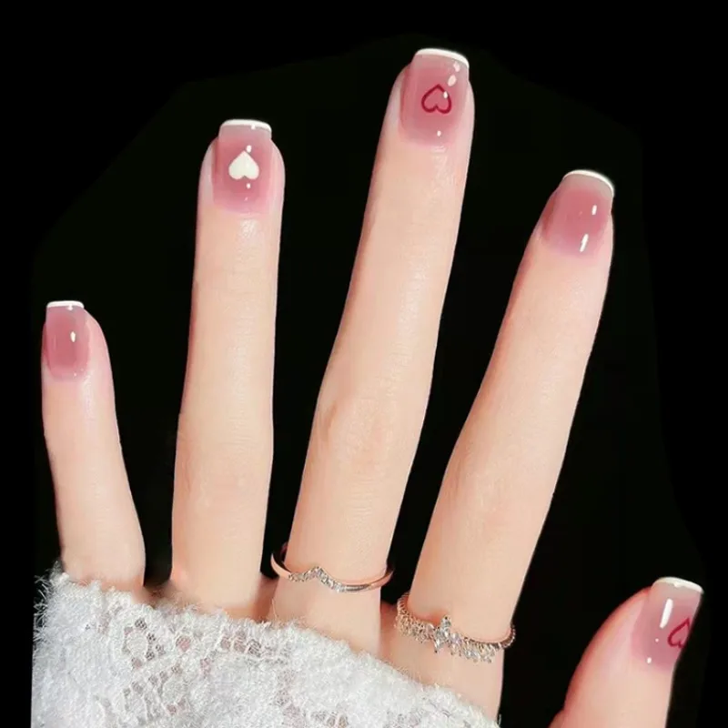 Uñas postizas cortas de verano, uñas postizas con diseño de corazón de chica encantadora, rosa, amor, usable, puntas de uñas postizas con pegamento, 24 piezas