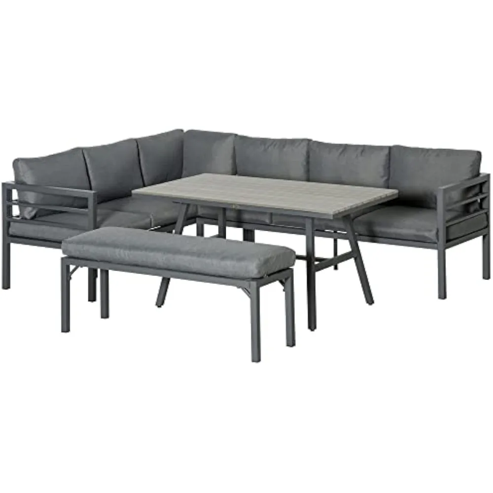 4 Piece Patio Furniture Set, Outdoor L-Shaped Sectional Sofa with 2 Couches, Bench, Dining Table, Cushions, Aluminum