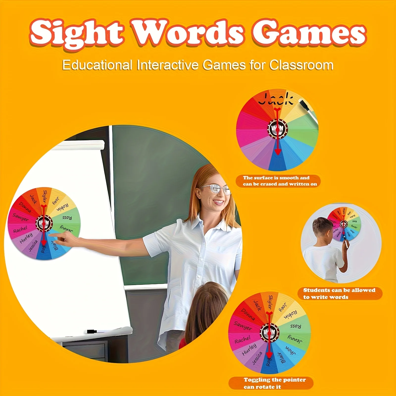 Colorful dry erase magnetic spinner wheels, random selection of educational classroom game tools, including pointers and markers