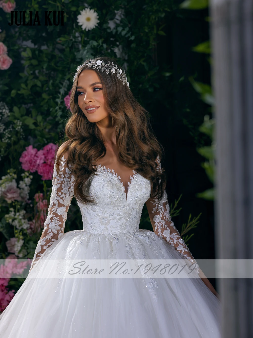 جوليا كوي مخصص وصول جديد كامل الأكمام الكرة ثوب فساتين الزفاف الديكور اللؤلؤ يزين الدانتيل الزفاف التمثيليات #4