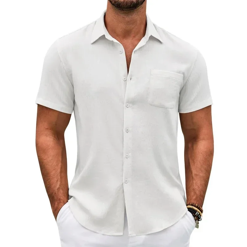 Summer Men's Short Sleeve Shirt Casual Lightweight Slim Fit Solid Color Basic Style Button Tops Breathable Male Shirts