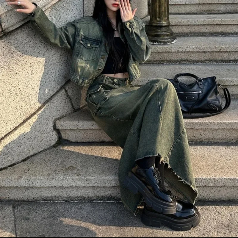 

Street Design Sense Trendy Denim Jacket Women's Clothing Spring Autumn New Korean High -waisted Half -body Skirt Retro Suite