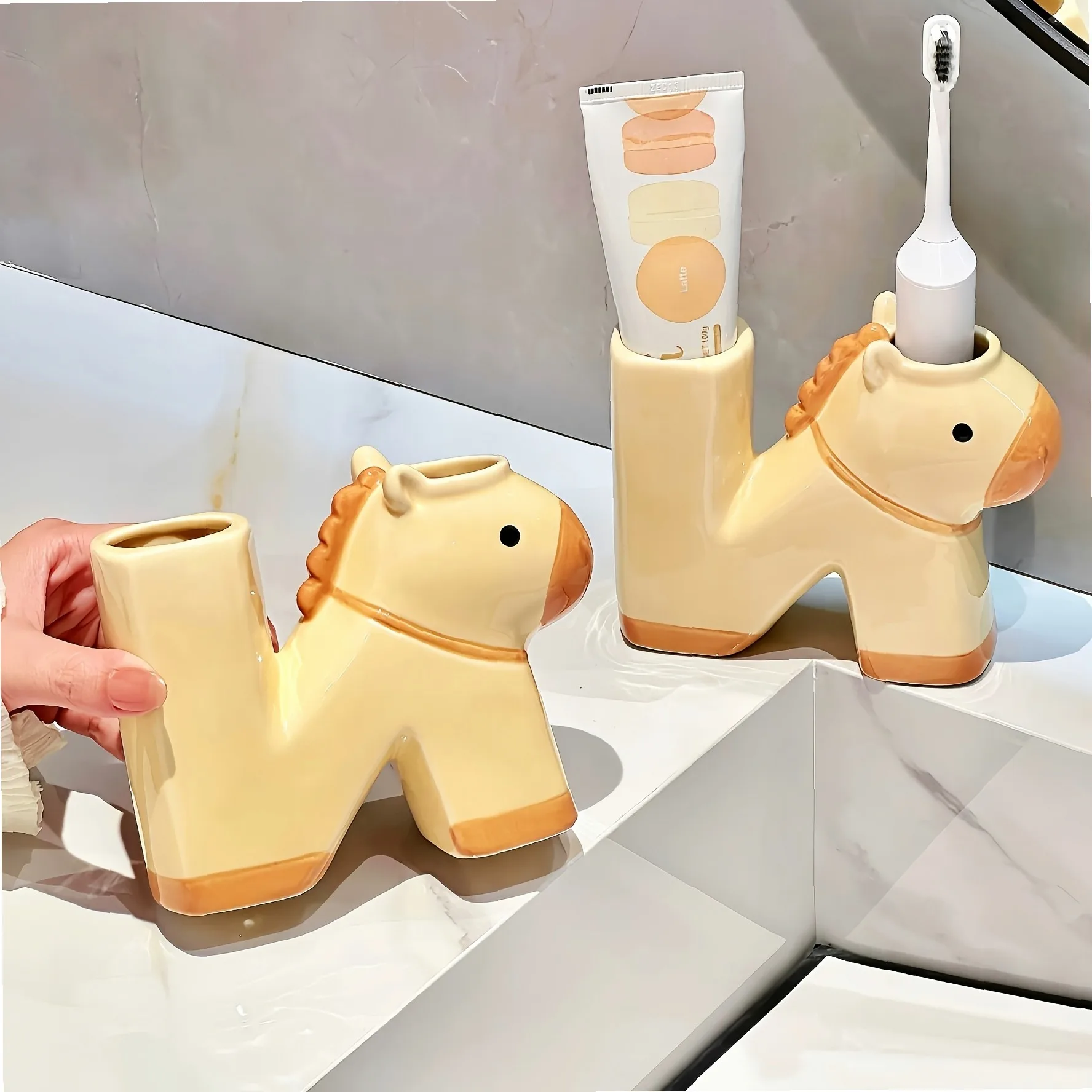 Cute Horse Ceramic Toothbrush Holder 2-Slot Cartoon Toothpaste Stand Decorative Bathroom Vanity Countertop Organizer