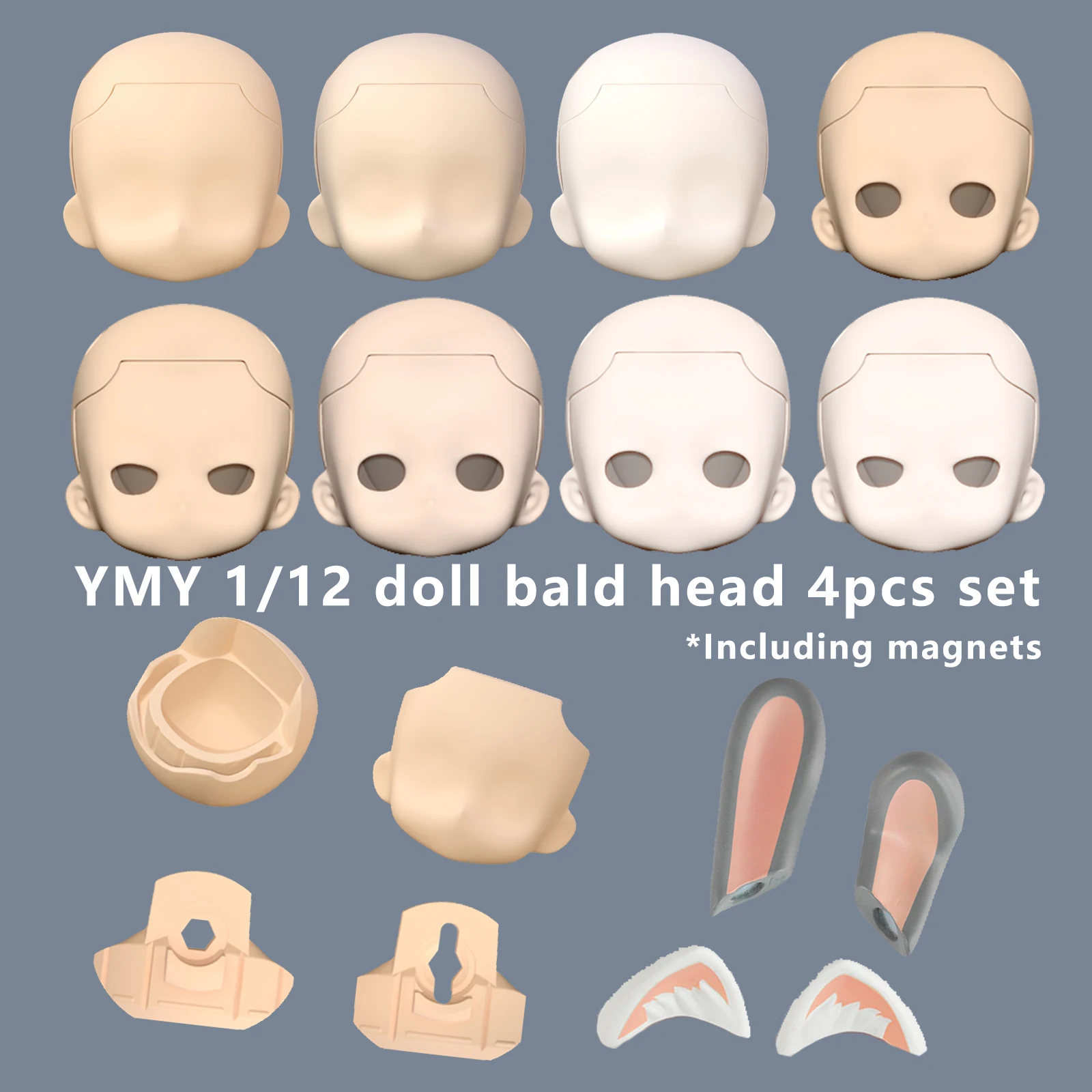 

NEW Blank doll head 4pcs set 12.5cm with S hook face support for gsc 1/12 bjd toy ufdoll p9 molly doll accessories