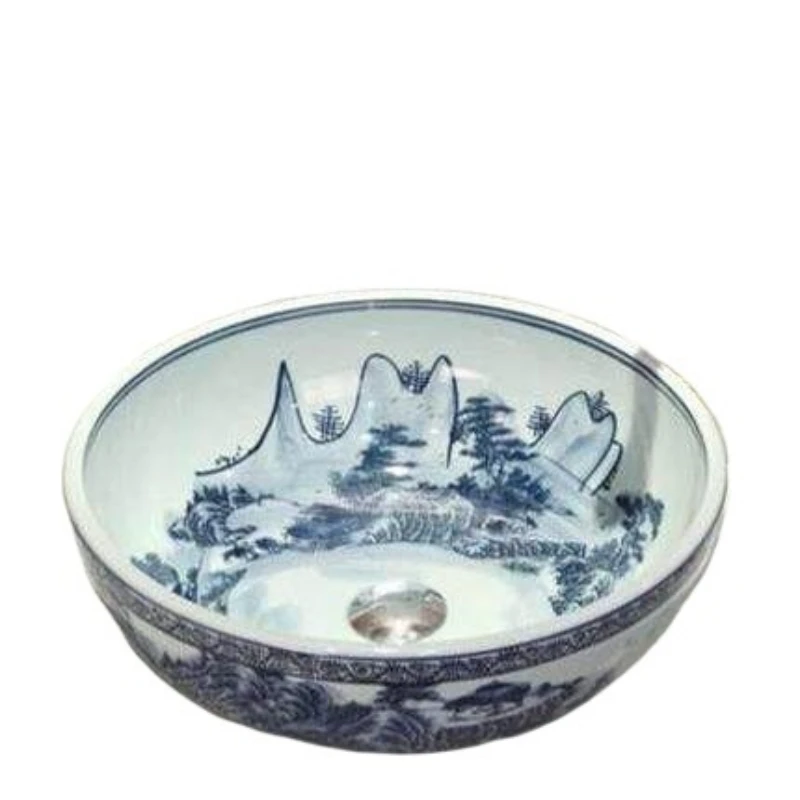 

Керамический поясной барабан, синий и белый, маленький океанский лотос, настольная раковина, умывальник, умывальник