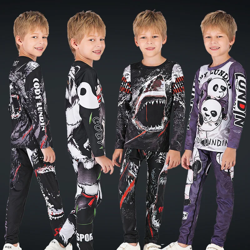 

rashguard jiu jitsu mma t-shirt +pant sets mma kid rash guard children sport suit runing kickboxing fitness trained boys clothes