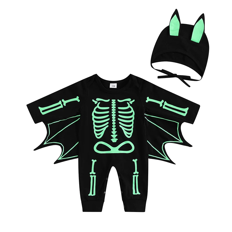 Cute Baby Boys Halloween Bat Costumes Long Sleeve Glow in the Dark Jumpsuit with Hat  Halloween Cosplay Costume