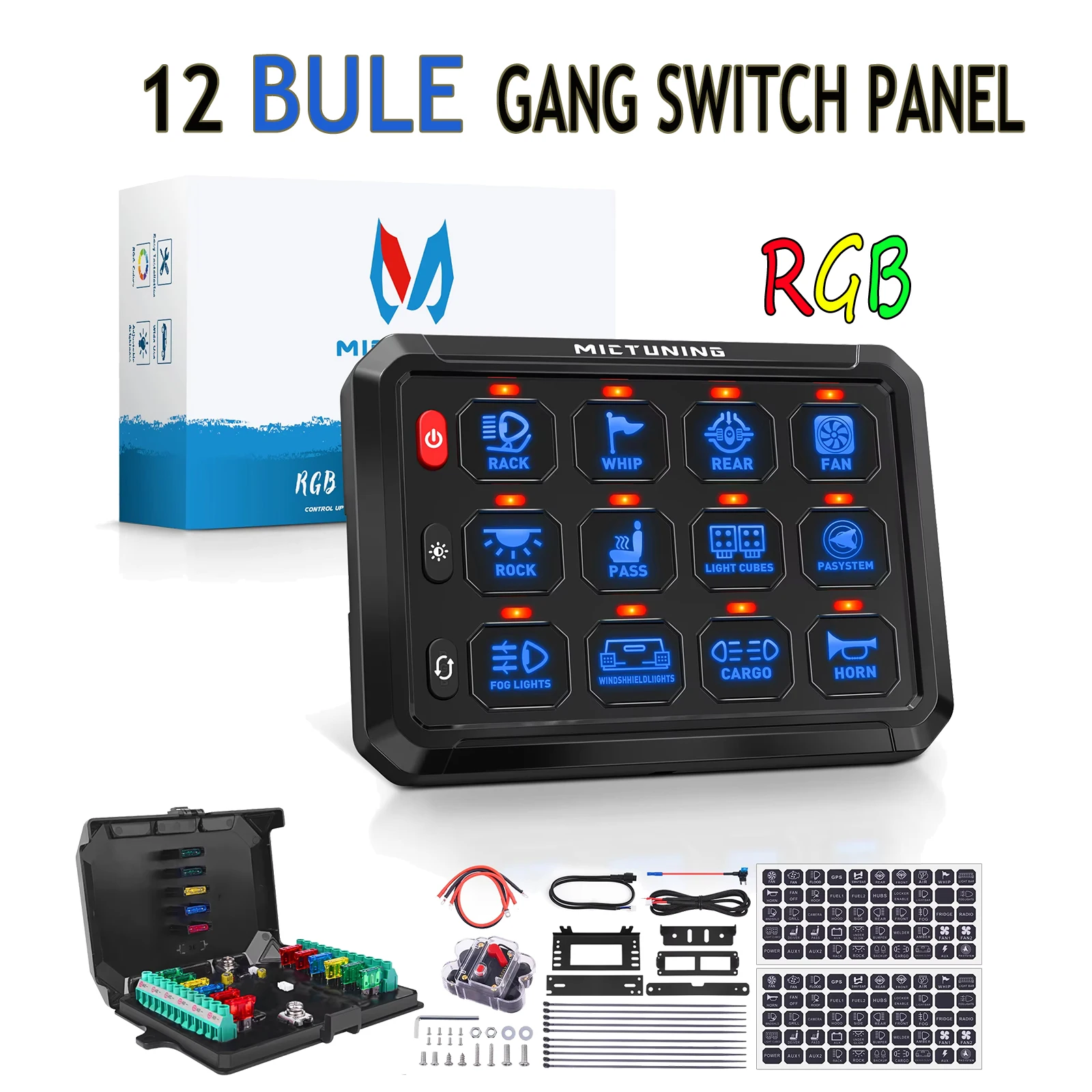 

MICTUNING P1S Blue 12 Gang Switch Panel With 3 Silicone Buttons 12V 24V Multifunction Circuit Control Relay Box for Car Truck