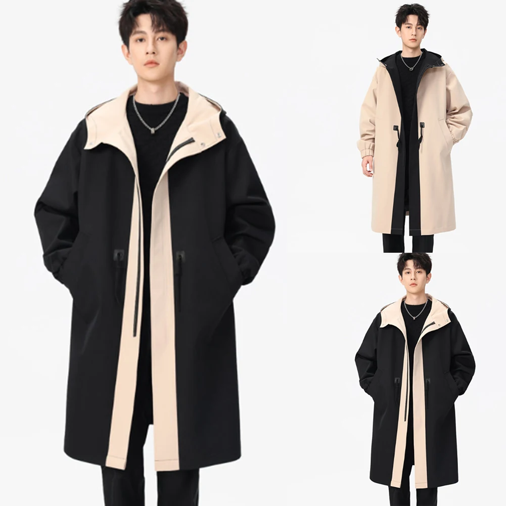 سترات كاجوال بغطاء للرأس متوسطة الطول للرجال ملابس خارجية سميكة ودافئة متباينة #1