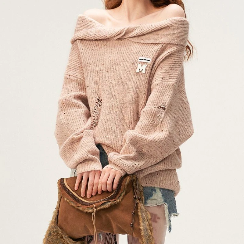 Streetwear Harajuku Y2k Pullovers Hole Solid Color Slash Neck Long Sleeve Sweaters Casual Loose All Match Elegant Women Clothing