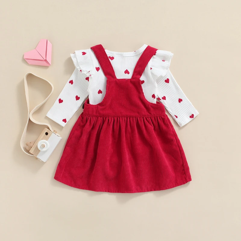 Valentine\'s Day Infant Baby Girl\'s Two-Piece Suit Heart Pattern Ruffle Long Sleeve O-Neck Romper tops+Corduroy Suspender Skirt