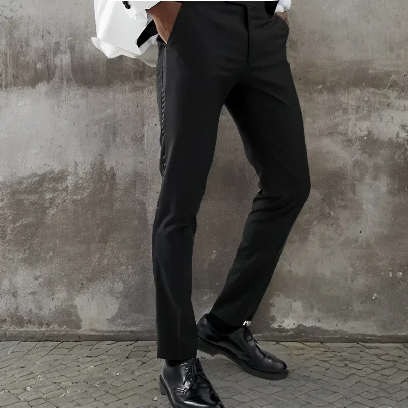 Suit Pants with Side Satin Stripe 1 Piece Slim Fit Formal Male Black Trousers Official Business Fashion for Wedding Prom