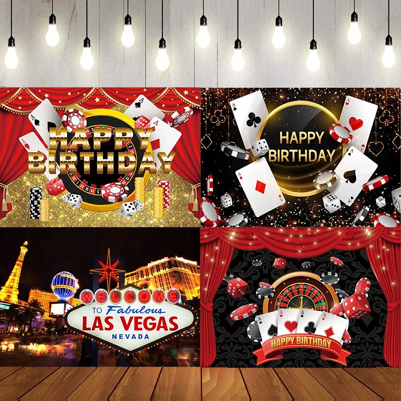 Casino Poker Dice Red Curtain Happy Birthday Party Backdrop Photography Background Las Vegas Gold Glitter Banner Decor Photo